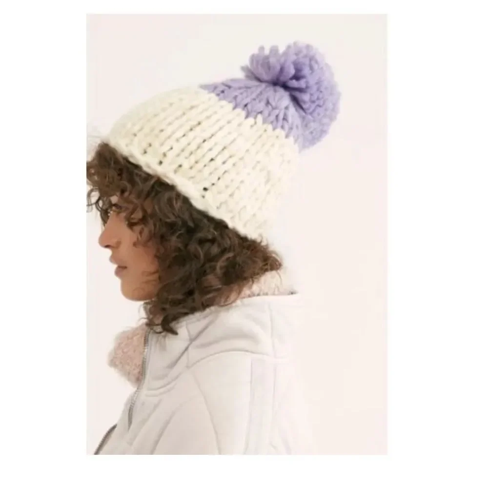 Free People Beanie Hat Cozy Up Color Block Pom Pom Lavender Ivory O/S